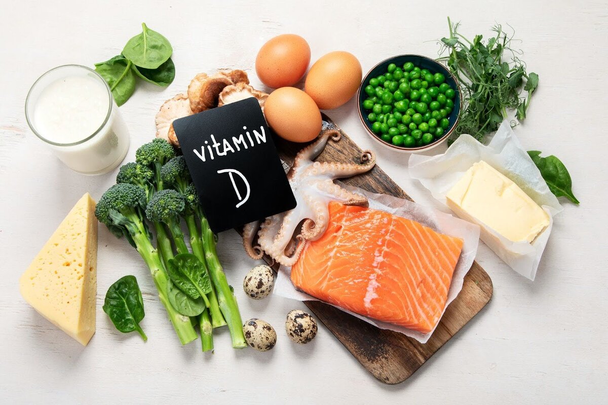 Vitamin D-rich foods including salmon, eggs, dairy, and various vegetables help supplement vitamin-D levels.